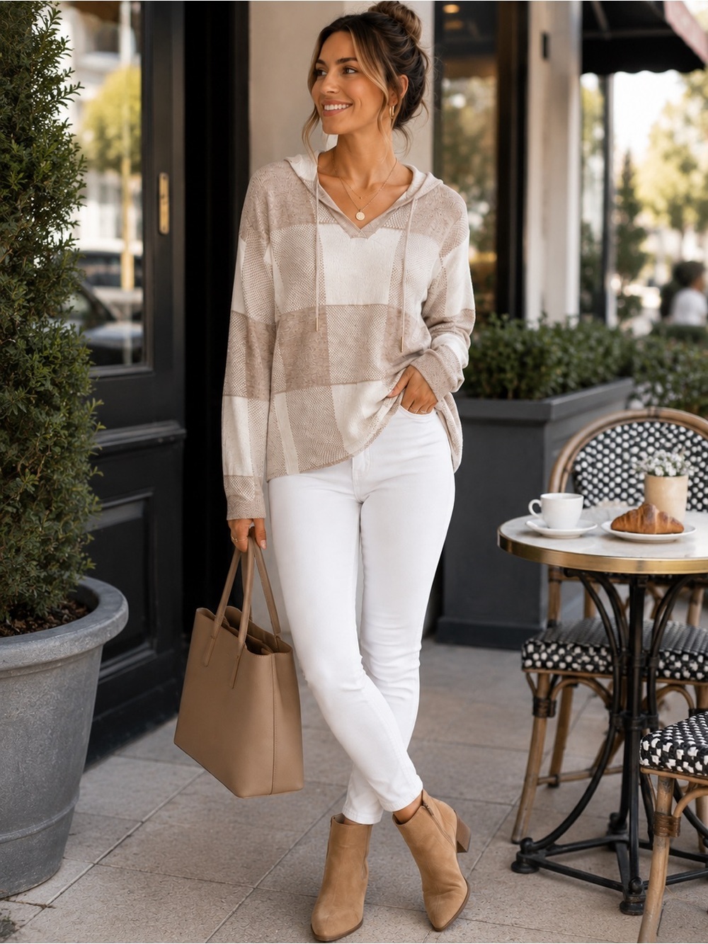 Cynthia Rowley Plaid Hooded Pullover Sweater | Taupe & Cream Cozy